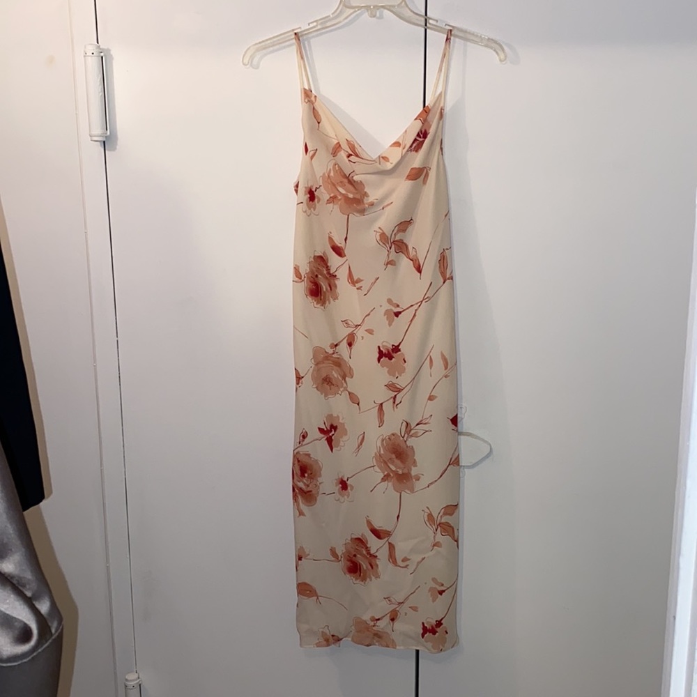 New York & Company Beige Slip Midi Dress with Peach Floral Print